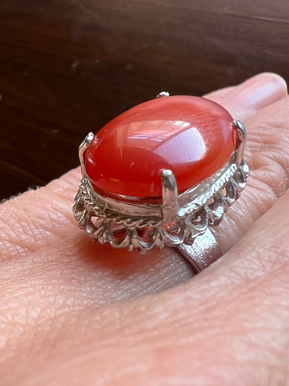 Carnelian Silver Tone Ring, Open Cage Back, Sits High, Size 6.5
